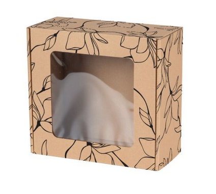 Pudełko fasonowe z okienkiem 200x200x100 mm z czarnym nadrukiem KWIATY.png