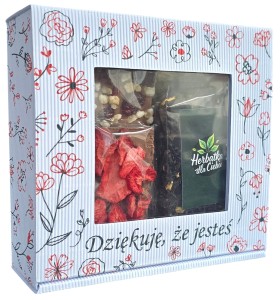 Zestaw Prezentowy "DZIĘKUJE ŻE JESTEŚ" Box prezentowy CZERWONE KWIATY z Herbatką i Czekoladami 