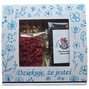 Zestaw Prezentowy "DZIĘKUJE ŻE JESTEŚ" Box prezentowy NIEBIESKIE KWIATY z Herbatką i Czekoladami  (1)